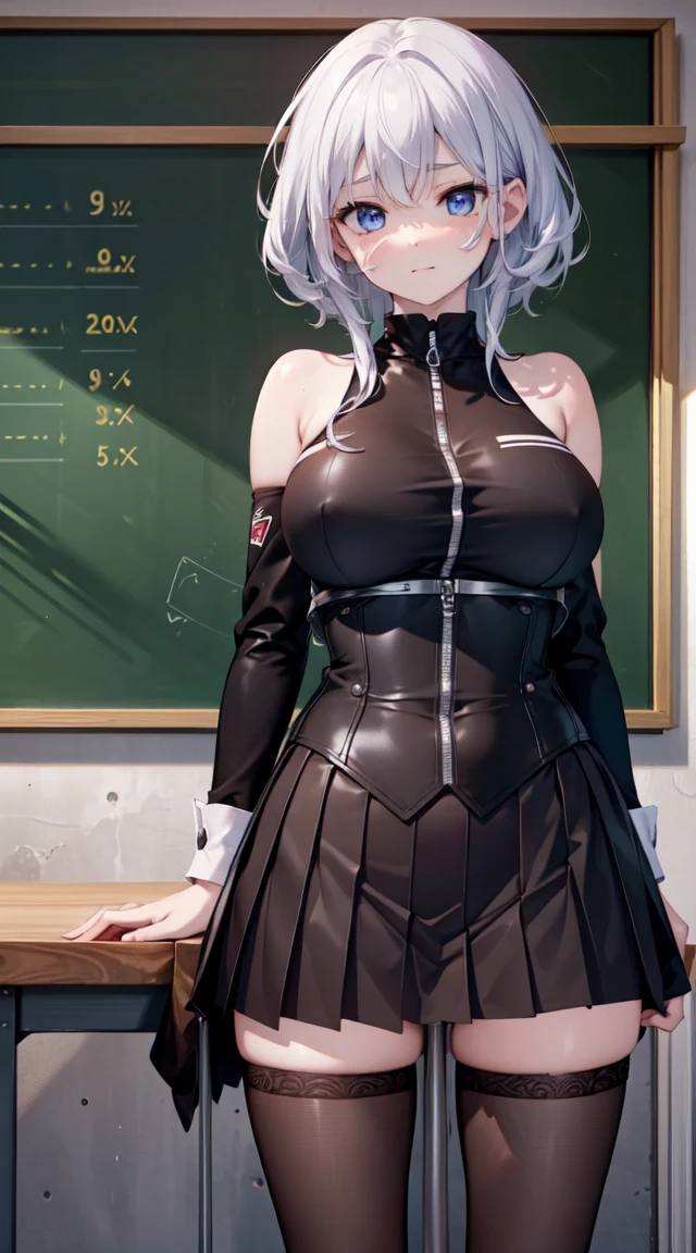 (Best quality at best, 4K, 8K, A high resolution, masterpiece:1.2), ultra - detailed, Nice face, detailedfacialfeatures, Breast size is medium, Realistic skin, wears uniform, underbust singe, sleeveless top, modest top, (A high resolution: 1.1), (actual: 0.9), (Vibrant colors), (youthful), (dynamics), (beautiful  detailed face), (detailedfacialfeatures), (Breast size is medium), (one bar prison), one bar prison goes up under skirt, thigh highs, one bar prison between thighs, thigh gap, in front of classroom, in front of black board, thick one bar prison