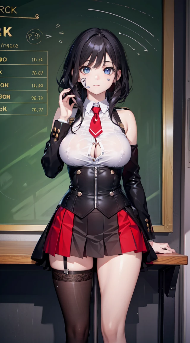 (Best quality at best, 4K, 8K, A high resolution, masterpiece:1.2), ultra - detailed, Nice face, detailedfacialfeatures, Breast size is medium, Realistic skin, wears uniform, underbust singe, sleeveless top, modest top, (A high resolution: 1.1), (actual: 0.9), (Vibrant colors), (youthful), (dynamics), (beautiful detailed face), (detailedfacialfeatures), (Breast size is medium), (one bar prison), one bar prison goes up under skirt, thigh highs, one bar prison between thighs, thigh gap, in front of classroom, in front of black board, thick one bar prison