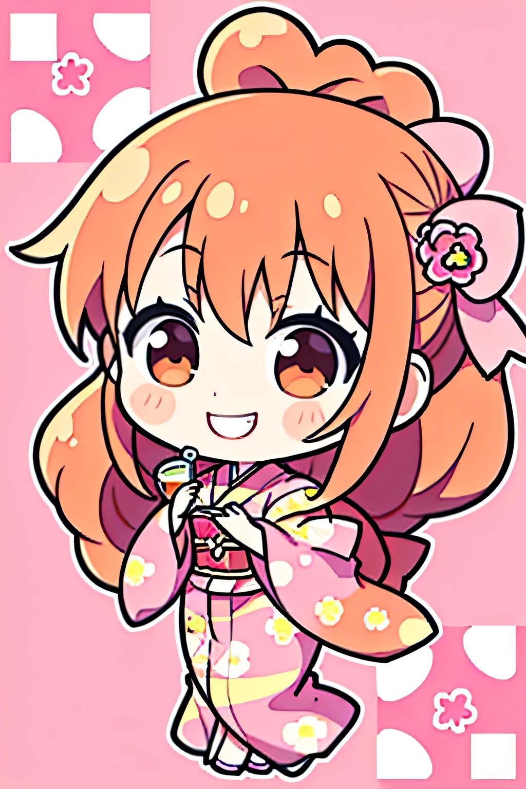 (Perfect picture quality:1.1),(masterpiece:1.1),(high quality:1.1),1 girl, SOLO, (wearing pink sakura gorgeous kimono:1.3), orange hair, long hair, double ponytails on both sides, looking at the camera, smiling and doing a heartbeat, drinking tea, randomly tiled loving gray background,