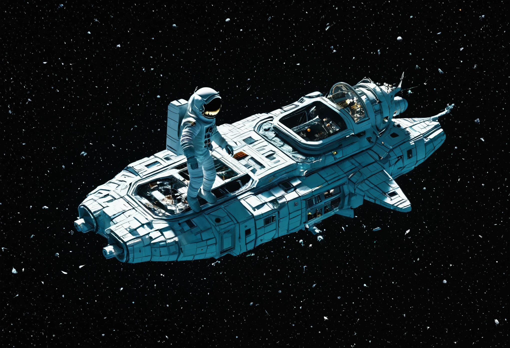 A broken spaceship drifting, an astronaut floating lethargically, a silent universe,