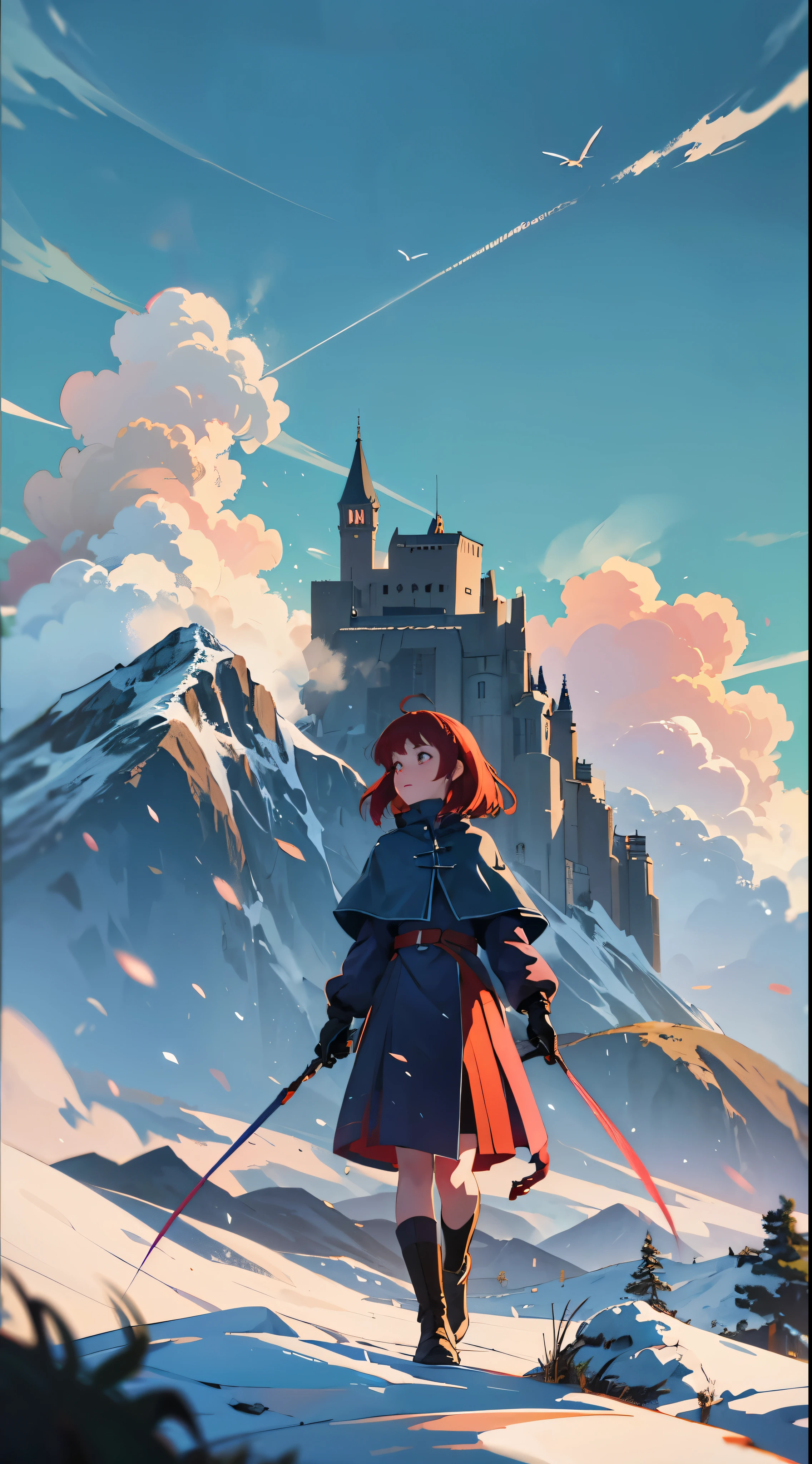 A scene from a movie，High-definition video Astepiece、An illustration、(Located in a remote mountain area、A huge military fortress made of steel)、Pale blue sky、Light of the sun、nature、(mountains)、No saturation、(A girl in a navy blue coat standing in the distance and walking towards a castle)、medium length red hair、Golan Heights、(A glowing red white dragon flies over the fortress)Light of the sunがある