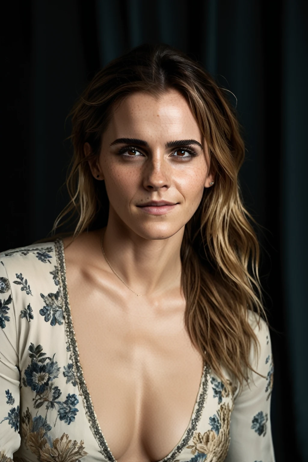 high quality  sexy photography of Emma Watson, long white blonde messi hair, happy, laughing, eyes open, perfect eyes, vintage style, highly detailed, very detailed skin texture,  (looking at viewer:1.4), full body,
  