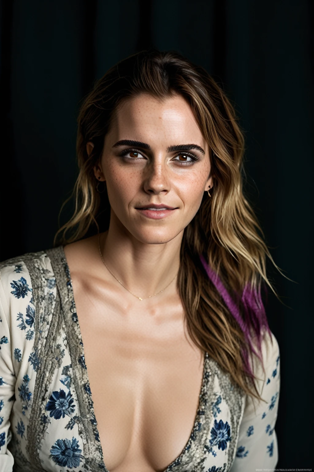 high quality sexy photography of Emma Watson, long white blonde messi hair, happy, laughing, eyes open, perfect eyes, vintage style, highly detailed, very detailed skin texture, (looking at viewer:1.4), full body,