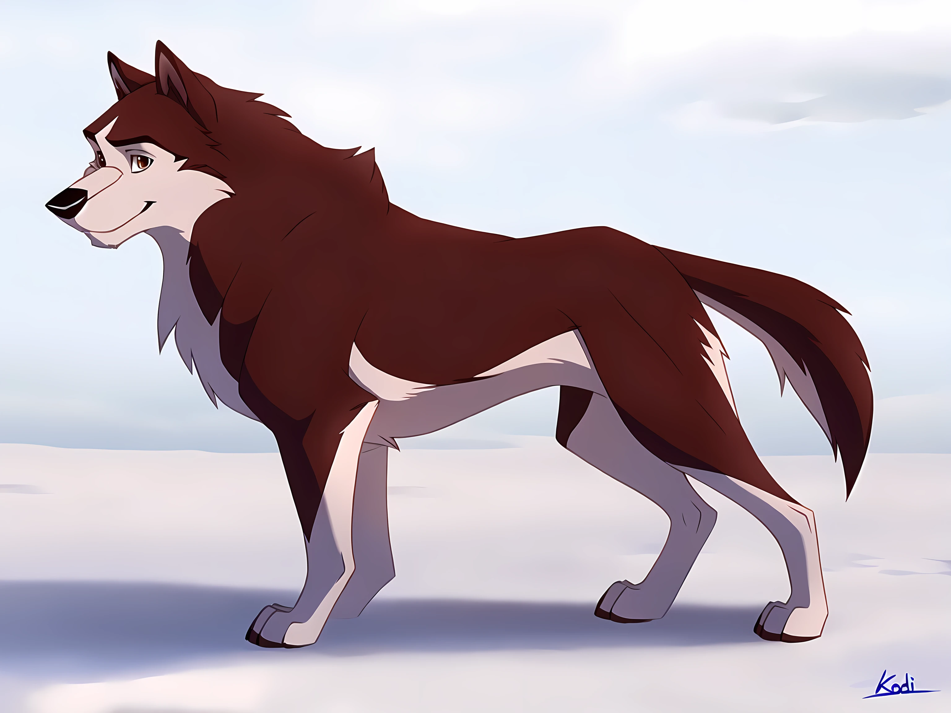 kodi, kodiak (balto), full body, feral, detailed, detailed eyes, quadruped, wfa anatomy, black lineart, black outline, male, masculine, adult, wolf, wolf body, wolf tail, brown eyes, cartoon shading, cel shaded:1.0, white background, full body, paws