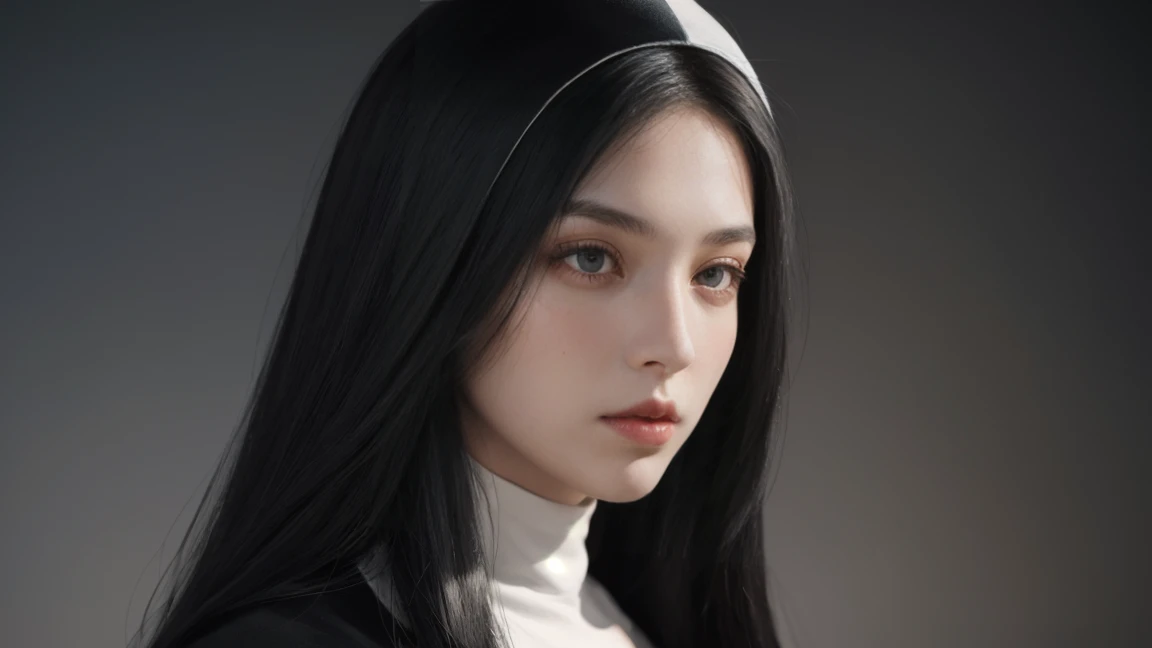 Santa vincenza Gerosa, (Black hair), Straight hair, dark clothes, nun's outfit, long face, big hair, Straight hair, (photorealistic:1.2), (Artwork), best quality, (detailed face:1.4), CRU photo, 8K ultra-realistic, perfect artwork, old 40 yers