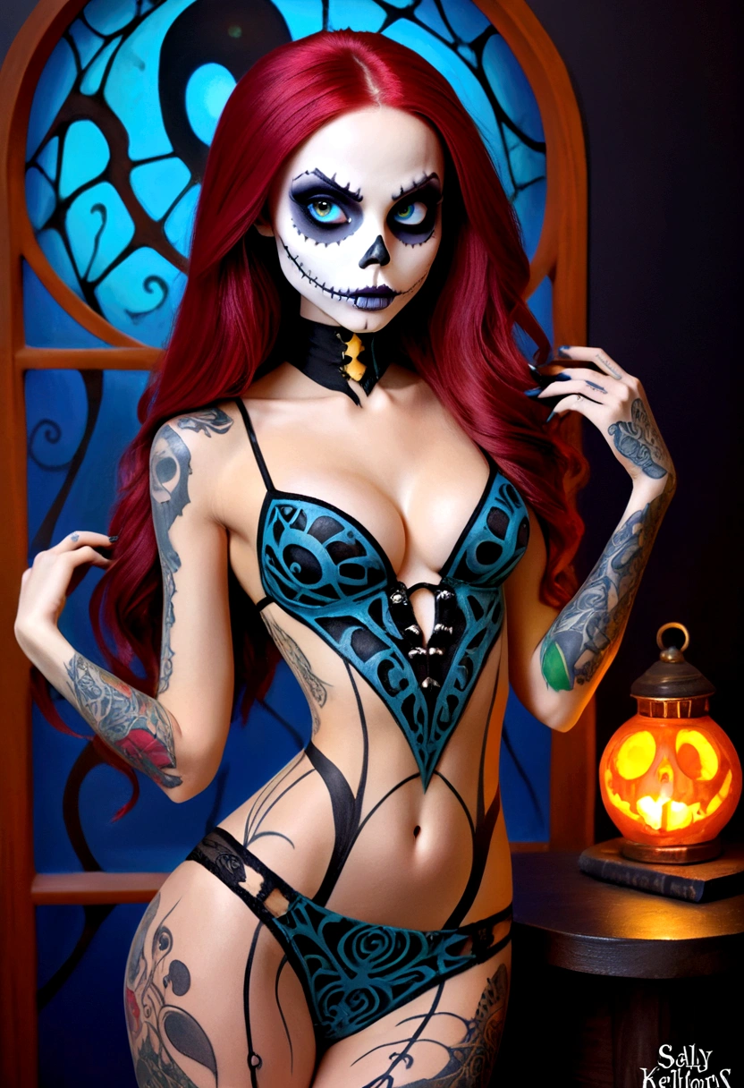 Create a hyper detailed photograph of a nightmare before Christmas tattooed young sexy stunning gorgeous sally Skellington, Stunningly perfect gorgeous face, perfect makeup,detailed vibrant eyes, long hair,detailed perfect beautiful legs, detailed perfect beautiful arms, realistic torso, muscular abs, sally Skellington detailed silky smooth skin texture,detailed silky smooth perky breast, perfect round ass, transparent seductive strappy lingerie, back to viewer looking forward,