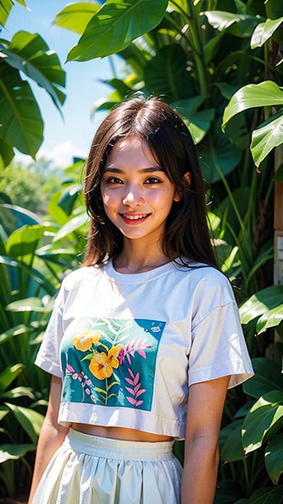 a tropical painting with a splatter background and spray paint effect, mangoes and leaves design t-shirt and white skirt, woman upper body centered, multi-color hair, big happy smile, watercolor art,  watercolor painting, watercolor painting style, watercolor detailed art, watercolor digital painting, watercolor paint, masterfully detailed watercolor, watercolor art