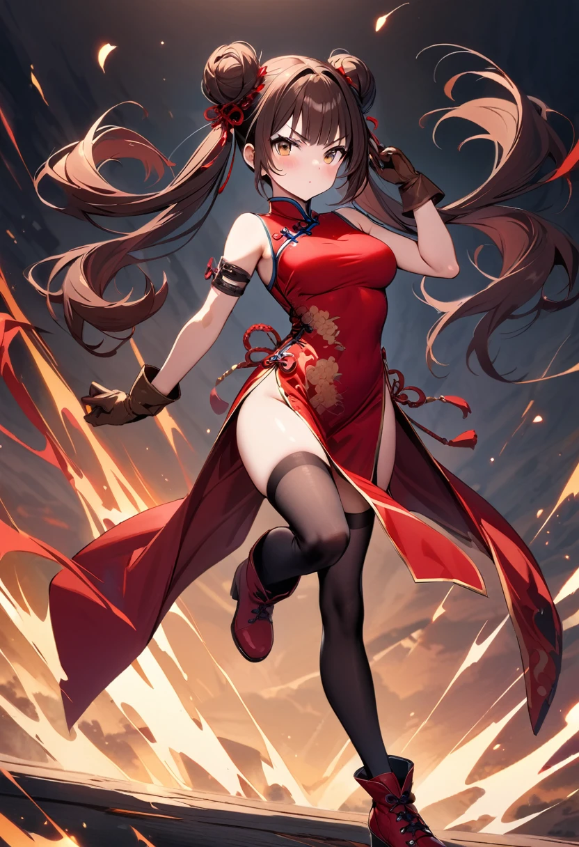 masterpiece, best quality, 1girl, solo, thighhighs, chinese-clothes, gloves, very-long-hair, dress, hair-bun, twintails, china-dress, red-dress, double-bun, black-thighhighs, brown-hair, brown-eyes, full-body, red-footwear, pelvic-curtain, looking-at-viewer, bandages, blush, standing, breasts, bangs, armlet, sleeveless, fighting-stance, sleeveless-dress, brown-gloves, bare-shoulders, v-shaped-eyebrows, bandaged-arm, side-slit, leg-up, medium-breasts, gradient-hair, boots, ankle-boots, floating-hair, closed-mouth, simple-background, hand-up, blunt-bangs, sash
