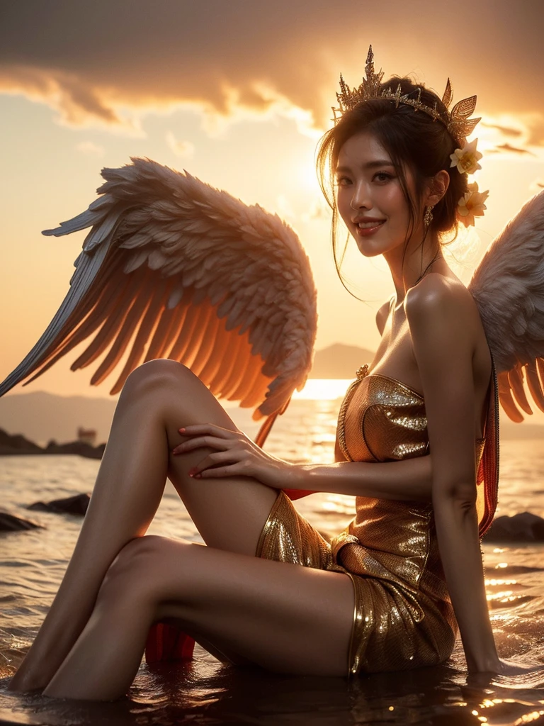 A woman in a risqué angel costume, casually lounging on a cloud with a stunning sunset background. Her warm and content smile along with her relaxed pose enhance the heavenly theme. (solo), (angel costume: 1.5), (cloud: 1.3), (sunset: 1.4), (warm smile: 1.2), (relaxed pose: 1.3), (erotic adventure: 1.4), (fantasy world: 1.5).