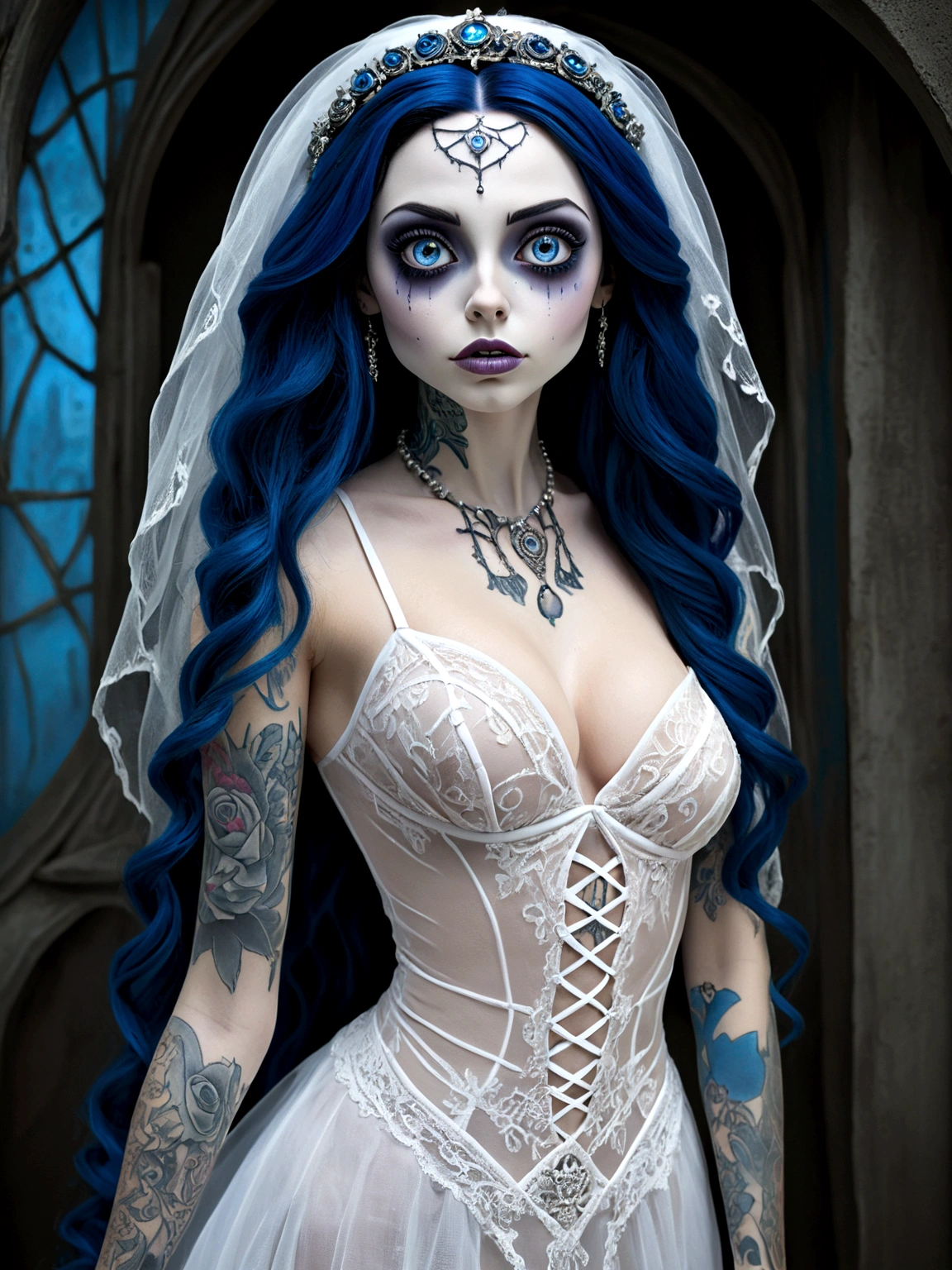 Create a hyper detailed photograph of a corpse bride tattooed young sexy Emily the Corpse Bride, Stunningly perfect gorgeous face, perfect makeup, detailed vibrant eyes, long hair, beautiful perfect, perfect beautiful perfect arms, realistic torso, Emily corpse bride detailed skin, big breast, perfect round ass, transparent seductive white strappy lingerie dress, back to camera looking forward,