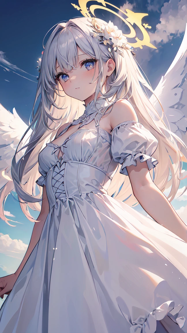 ((absurdres absolutely resolution, Masterpiece,Best quality,Ultra-detailed)), beautiful detailed face, detailled eyes,
small Angel, Angel Halo, Wearing a gorgeous dress that covers the whole body, Floating in the air, angel wings, outdoor