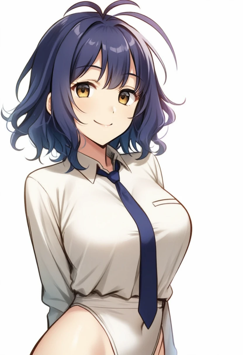 masterpiece, best quality, artist:yoo tenchi, 1girl, solo, toyokawa fuka, short hair, messy hair, wavy hair, dark blue hair, antenna hair, brown eyes, tie, large breasts, highleg, smile, looking at viewer, no background, white background