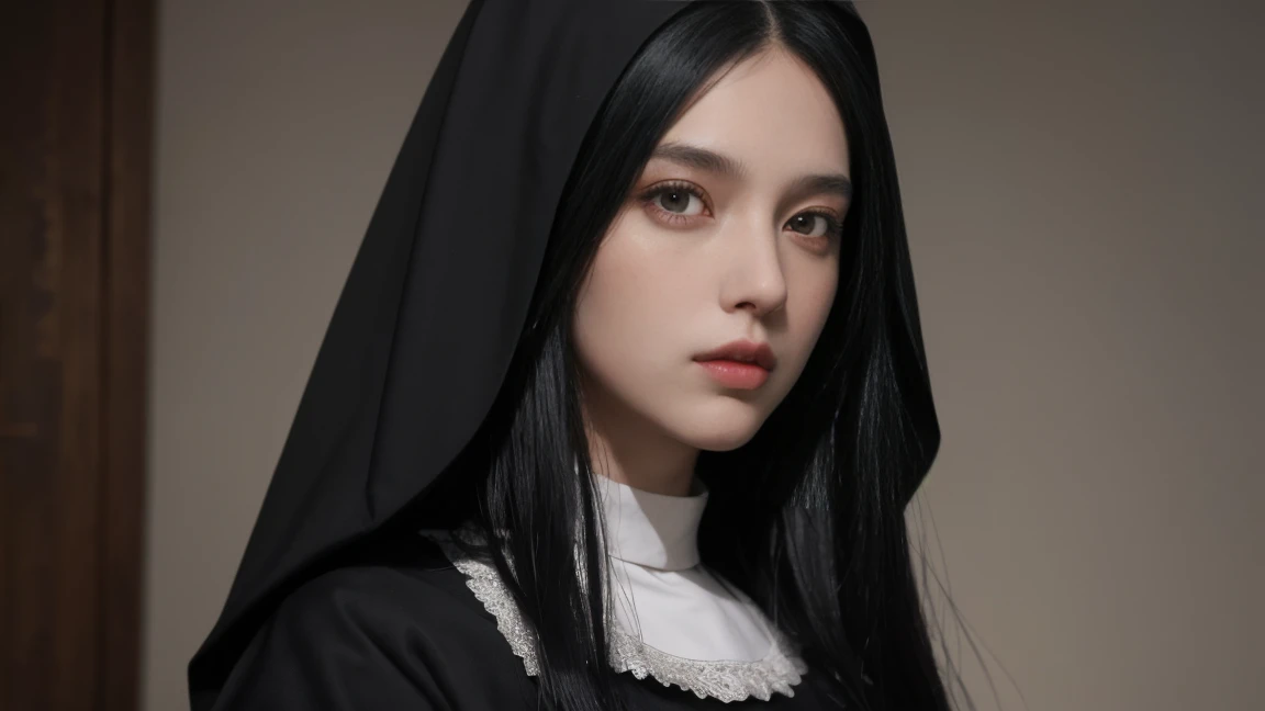 Santa vincenza Gerosa, middle aged, (Black hair), Straight hair, dark clothes, nun outfit, long face, big hair, Straight hair, (photorealistic:1.2), (Artwork), best quality, (detailed face:1.4), CRU photo, 8K ultra-realistic, perfect artwork