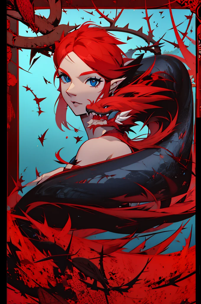 sitting on the head of a red haired dragon,blue eye,prata scale dragao,tail with thorns, Linda.