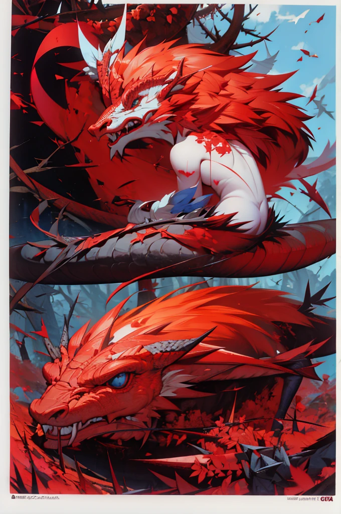  sitting on the head of a red haired dragon,blue eye,prata scale dragao,tail with thorns,  Linda.