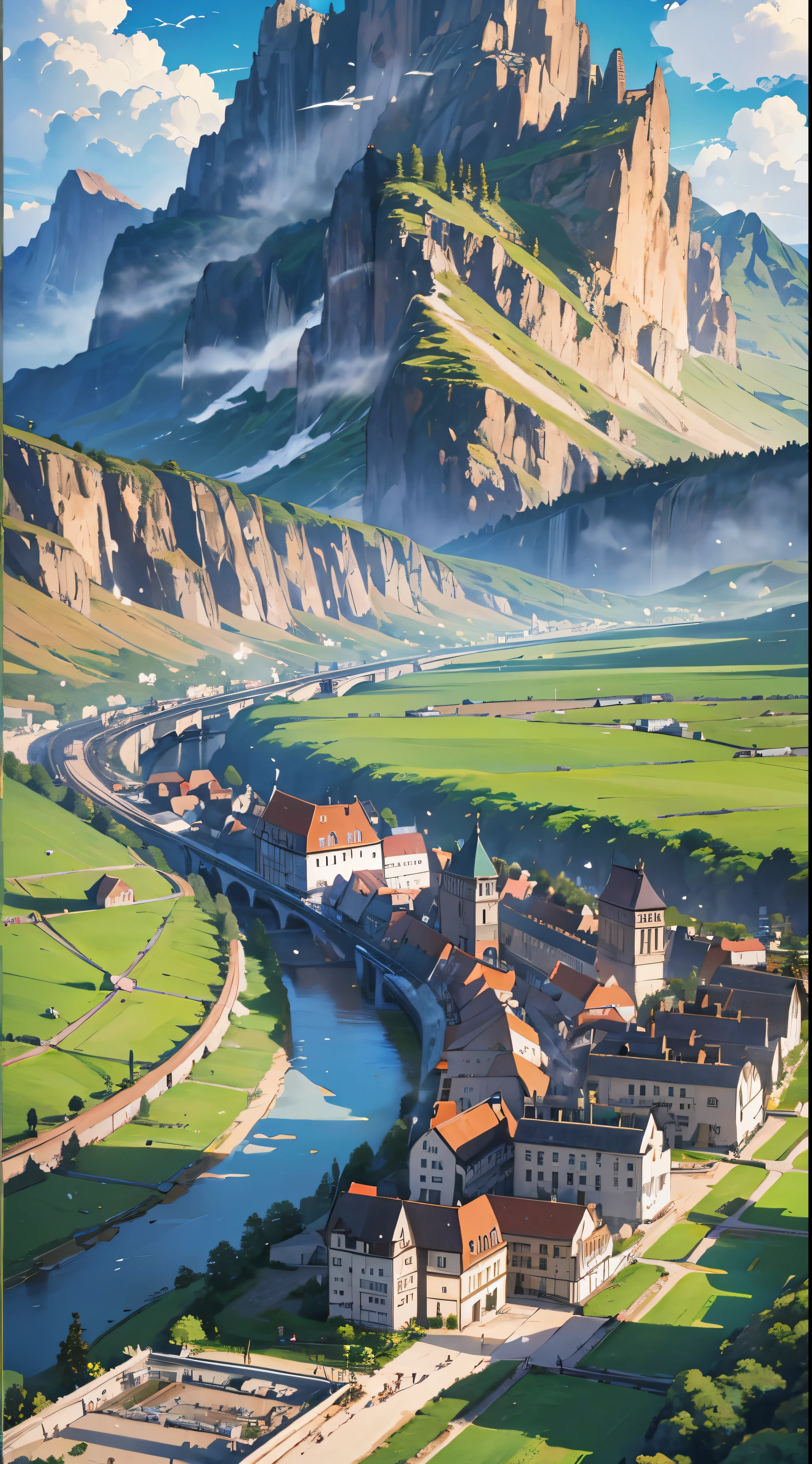 A scene from a movie，High-definition video Astepiece、An illustration、(Located in a remote mountain area、A huge military fortress made of steel)、Pale blue sky、Light of the sun、nature、(mountains)、No saturation、(A girl in a navy blue coat standing in the distance and walking towards a castle)、medium length red hair、Golan Heights、(A glowing red white dragon flies over the fortress)Light of the sunがある