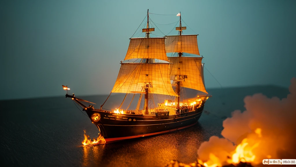 make an image that shows a scene of a miniature on fire ship sailing on a cup of coffee, soft color combination, super detail super realistic UHD