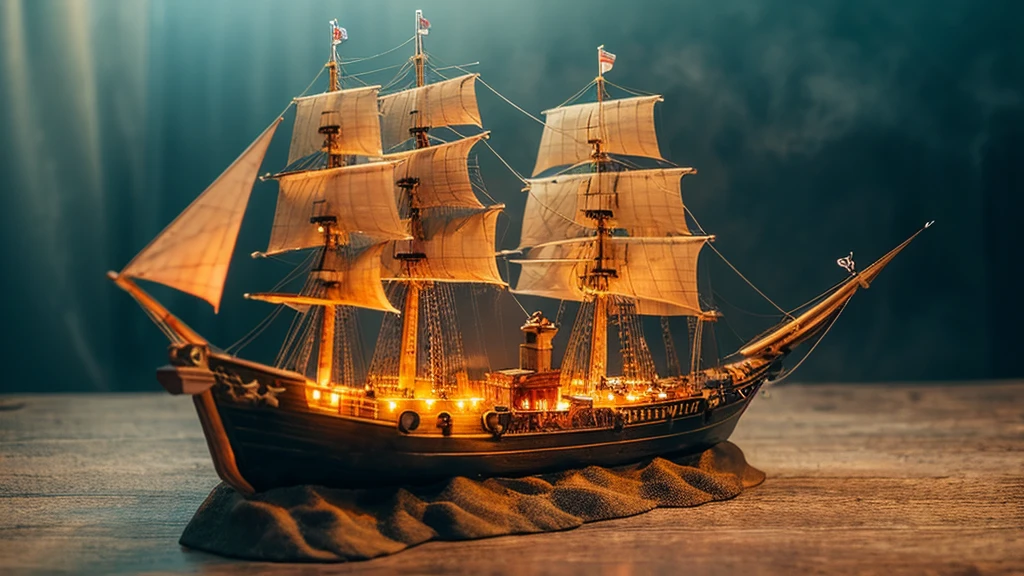 make an image that shows a scene of a miniature on fire ship sailing on a cup of coffee, soft color combination, super detail super realistic UHD