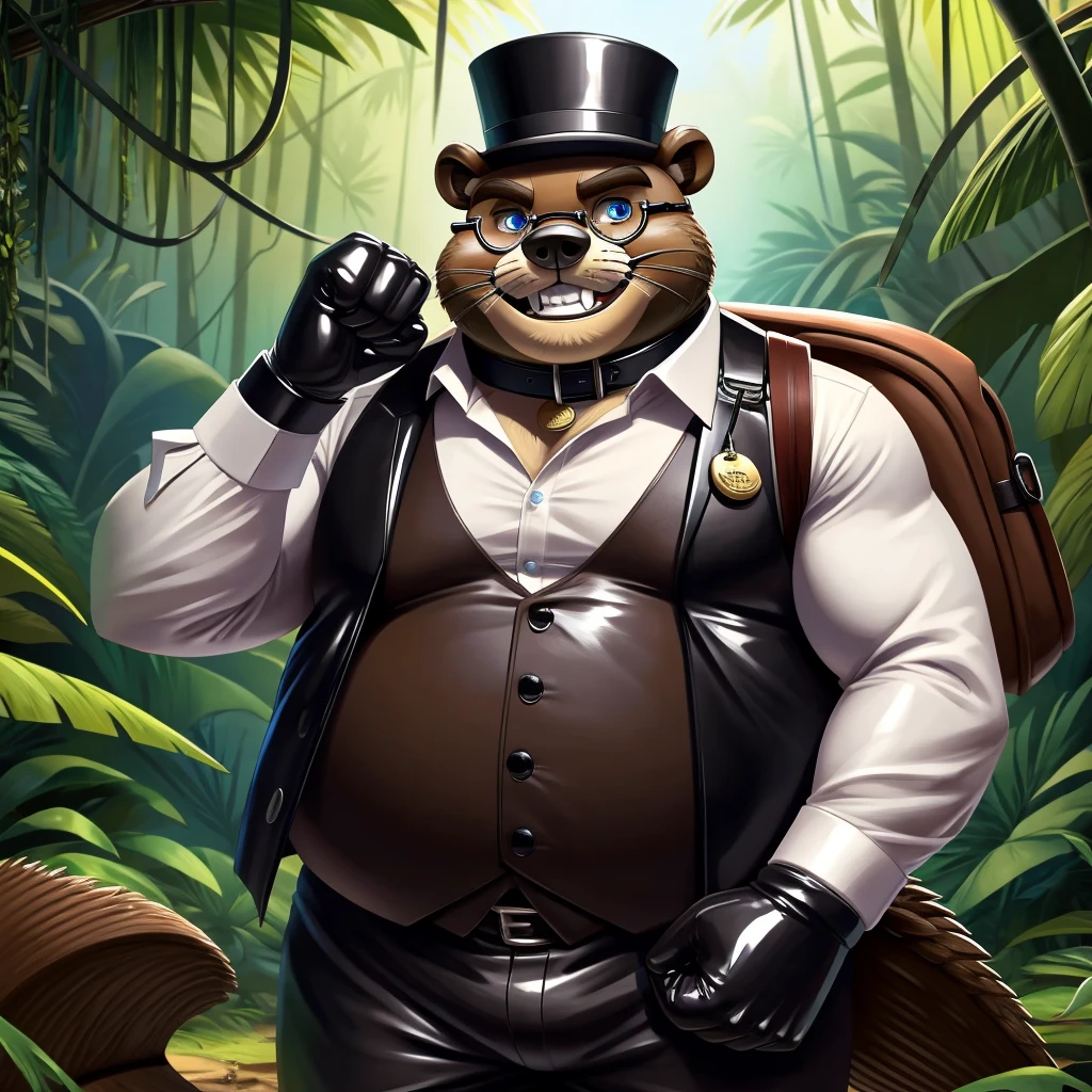 Solo, Male, fat, extremely obese, gentleman, dapper Professor Beaver, blue eyes, (posing:1.3), (soft shading), 4k, hi res, ((detailed face, detailed)), looking at viewer, evil grin, jungle, forest, collared shirt with buttons, top hat, male focus, Explorer Outfit, glasses, monocle, bag, vest with buttons, backpack, sleeves rolled up, round eyewear, brown headwear, brown vest, Beaver is wearing a glossy leather dog collar around the neck, Beaver is wearing the leather collar and shirt and vest at the same time, Beaver is wearing glossy white rubber gloves on the hands, wearing white rubber gloves on the feet, Beaver is wearing glossy white cuffs around the wrists with cufflinks, gloves are rubber in texture, clenching teeth, clenching fists, leather collar is glossy and shiny with a lot of detail, Beaver is wearing gloves and cuffs and cufflinks at the same time, leather collar has a round dog-tag, leather collar is thick and detailed.