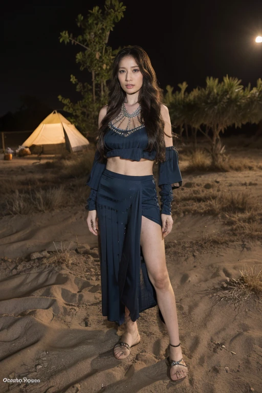 Western United States,Indian tribe in the desert,Night,Full body portrait, 8K, masterpiece, The most detailed, Highest quality, Perfect appearance. Too realistic, Create a fit, Indian woman, Feral,Perfect body,Charming eyes,Tan skin, muscle, bounce, (Long hair:1.3), indian ethnic costumes,Indian clothing,dark theme, Dense forest, night, dark,Bonfire in the background,indian tent,A group of American soldiers behind