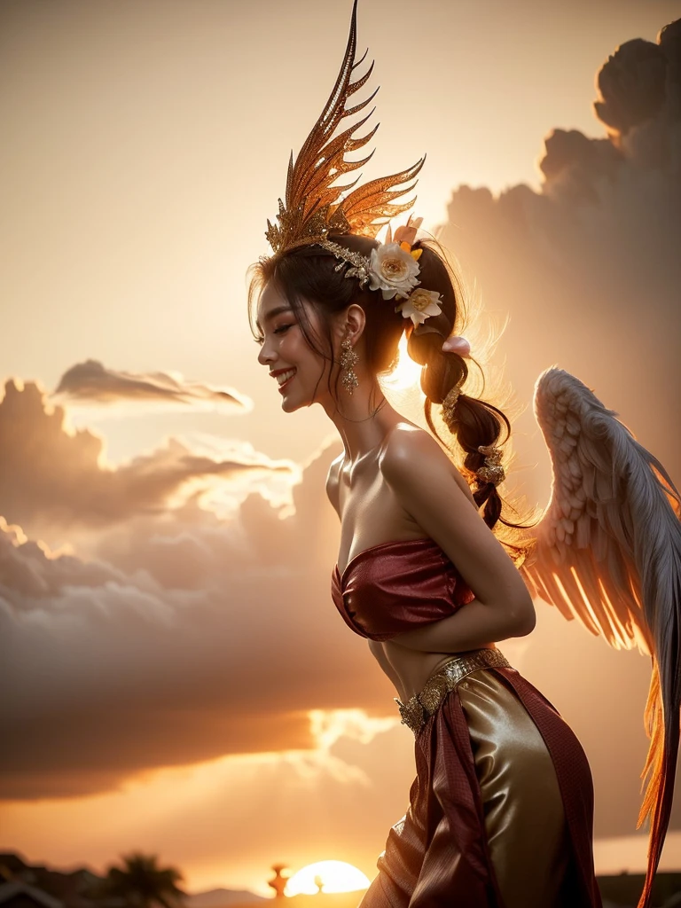 A woman in an appealing angel costume, striking a dance pose on a cloud with an impressive sunset background. The camera angle showcasing her full profile, her joyful laughter, and animated pose add life to the divine setting. (solo), (angel costume: 1.5), (cloud: 1.3), (sunset: 1.4), (joyful laughter: 1.2), (animated pose: 1.3), (erotic adventure: 1.4), (fantasy world: 1.5).