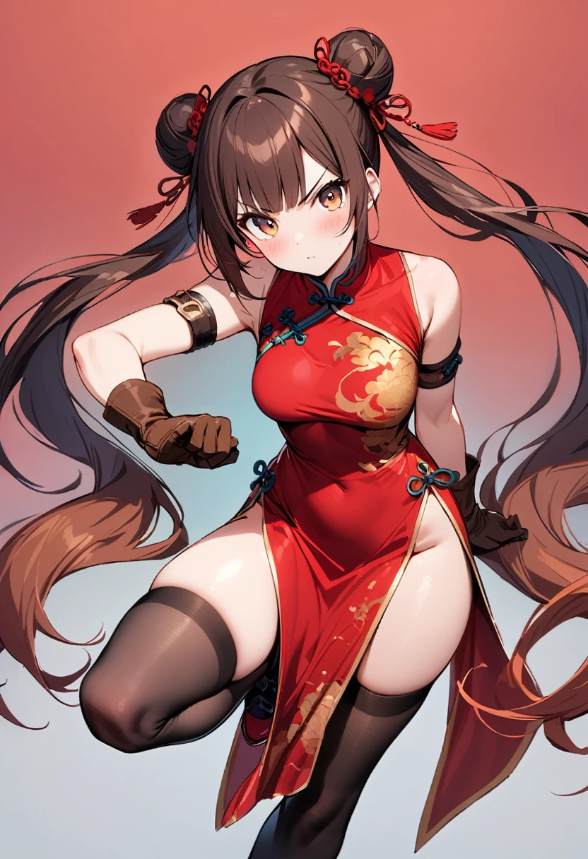 masterpiece, best quality, 1girl, solo, thighhighs, chinese-clothes, gloves, very-long-hair, dress, hair-bun, twintails, china-dress, red-dress, double-bun, black-thighhighs, brown-hair, brown-eyes, full-body, red-footwear, pelvic-curtain, looking-at-viewer, bandages, blush, standing, breasts, bangs, armlet, sleeveless, fighting-stance, sleeveless-dress, brown-gloves, bare-shoulders, v-shaped-eyebrows, bandaged-arm, side-slit, leg-up, medium-breasts, gradient-hair, boots, ankle-boots, floating-hair, closed-mouth, simple-background, hand-up, blunt-bangs, sash
