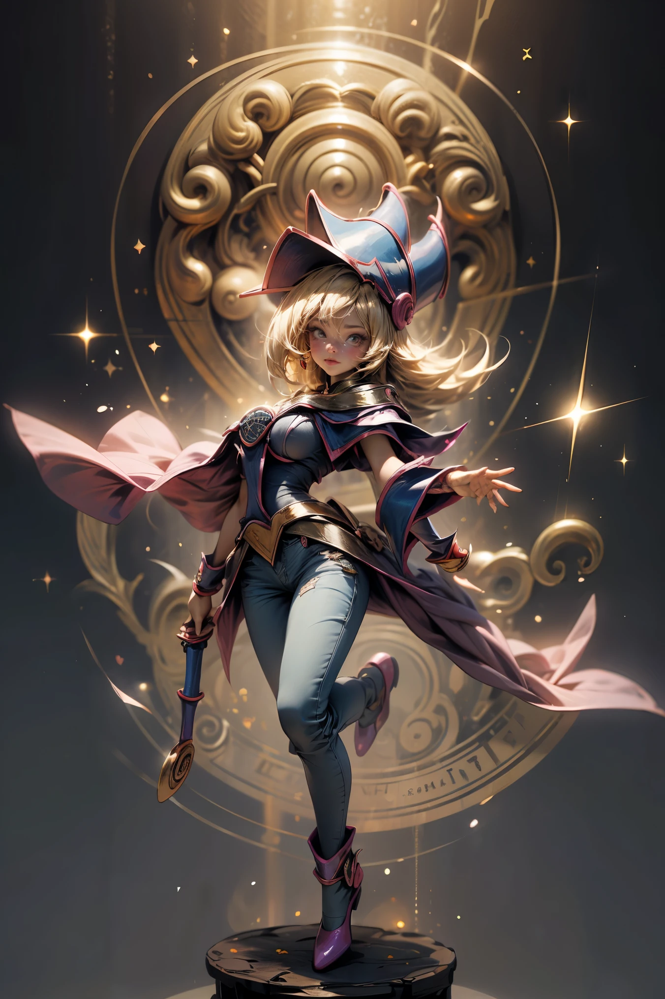 (Masterpiece:1.2), (The best quality:1.2), perfect lighting, Dark Magician Girl casting a spell, in battle. floating in the air, big and visible tits, wear jeans and heels. transparent neckline, blue robe, big hat, From above, sparkles, Yugioh game, The magic of the heart, romantic heart.