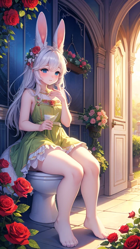(Fluffy anthropomorphic furry :1.3),Bunny Girl,White rabbit ears,White rabbit tail,White hair,A sea of blue roses appears in a vivid garden, Bathed in the soft glow of the setting sun. Delicate dewdrops sparkle on the roses, Its bright blue petals contrast beautifully with the lush green foliage.. Breeze in the wind,The scenery is more charming, Let the roses sway gracefully, As if dancing to the rhythm of nature. The garden is filled with the bright colors and sweet fragrance of these unique and rare flowers.. Each rose is delicate and exquisite, Its intricate pattern and velvety texture invite a closer look. Petals are as soft as silk, The edges are decorated with delicate, Silvery white filaments glittering in the sun. The air is filled with the intoxicating scent of these exquisite flowers, Create a peaceful and tranquil atmosphere. The blue hue of the rose creates a dreamy atmosphere, Like a door to a world of fantasy and wonder. The scene is captured in great detail and reality, Ensuring the best quality and ultra-detailed rendering of the roses and surrounding gardens. Lighting is carefully designed, With soft, Warm tones gently fall on the petals, Evokes a feeling of warmth and tranquility. The overall color tone is mainly blue and green, Create an elegant atmosphere. This artistic masterpiece perfectly combines the natural beauty of roses with magical realism, Leading the audience into a realm where dreams come true.Low Angle,Sitting on the toilet in the bathroom,Stool,fart