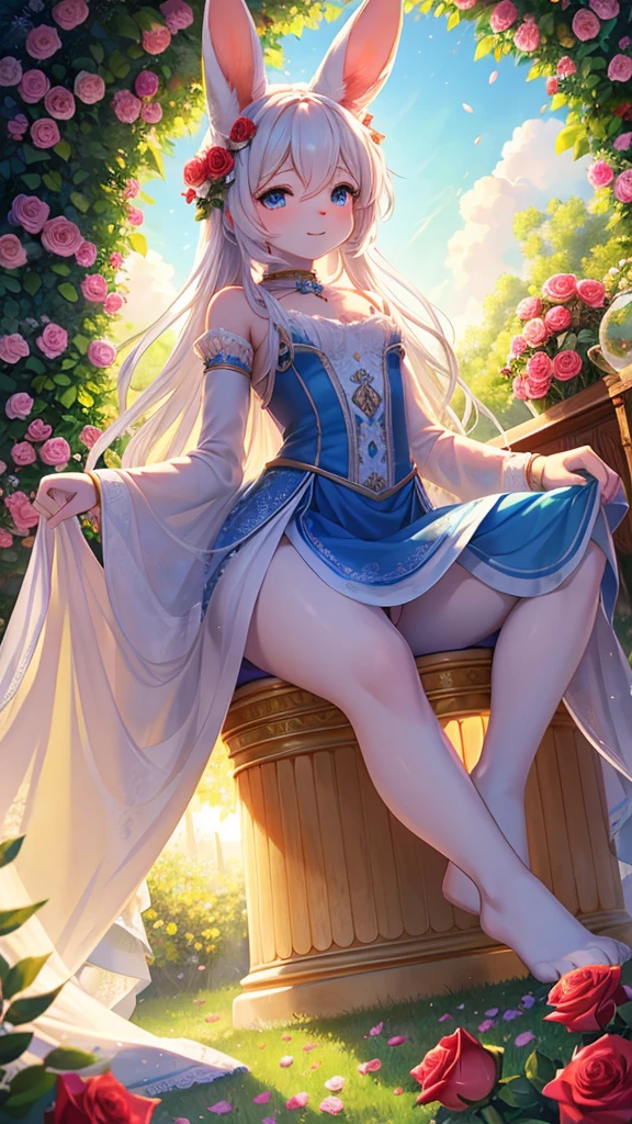 (Fluffy anthropomorphic furry :1.3),Bunny Girl,White rabbit ears,White rabbit tail,White hair,A sea of blue roses appears in a vivid garden, Bathed in the soft glow of the setting sun. Delicate dewdrops sparkle on the roses, Its bright blue petals contrast beautifully with the lush green foliage.. Breeze in the wind，The scenery is more charming, Let the roses sway gracefully, As if dancing to the rhythm of nature. The garden is filled with the bright colors and sweet fragrance of these unique and rare flowers.. Each rose is delicate and exquisite, Its intricate pattern and velvety texture invite a closer look. Petals are as soft as silk, The edges are decorated with delicate, Silvery white filaments glittering in the sun. The air is filled with the intoxicating scent of these exquisite flowers, Create a peaceful and tranquil atmosphere. The blue hue of the rose creates a dreamy atmosphere, Like a door to a world of fantasy and wonder. The scene is captured in great detail and reality, Ensuring the best quality and ultra-detailed rendering of the roses and surrounding gardens. Lighting is carefully designed, With soft, Warm tones gently fall on the petals, Evokes a feeling of warmth and tranquility. The overall color tone is mainly blue and green, Create an elegant atmosphere. This artistic masterpiece perfectly combines the natural beauty of roses with magical realism, Leading the audience into a realm where dreams come true.Low Angle，Sitting on the toilet in the bathroom，Stool，fart
