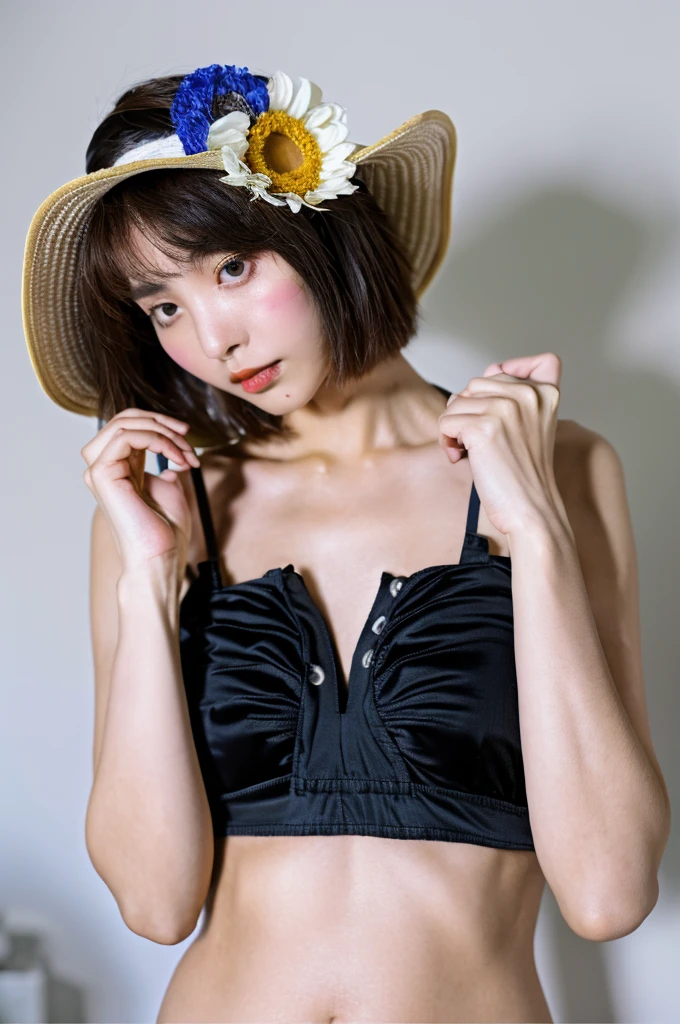 ((Best Quality, 8k, Masterpiece: 1.3)), (flower hat: 1.3), focus: 1.2, Perfect body beauty: 1.4, buttocks: 1.2, (Layered haircut: 1.2)), (dark street: 1.3), Very detailed face and skin texture., whole body, delicate eyes, double eyelids, whitened skin, wide, (round face: 1.5), (loose crop top, Bermuda: 1.6)