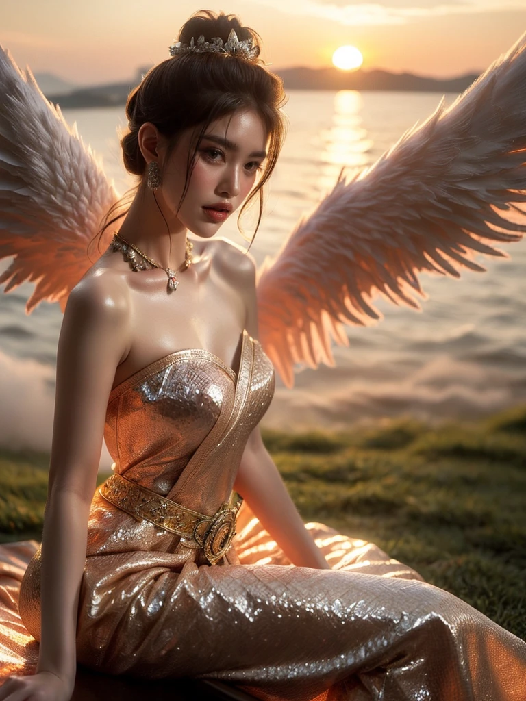 A woman in an angel costume that screams risqué, seated on a cloud with a mesmerising sunset in the background. A close-up camera angle, a coy smirk on her face, and sultry pose add intrigue to the magical aura. (solo), (angel costume: 1.5), (cloud: 1.3), (sunset: 1.4), (coy smirk: 1.2), (sultry pose: 1.3), (erotic adventure: 1.4), (fantasy world: 1.5).