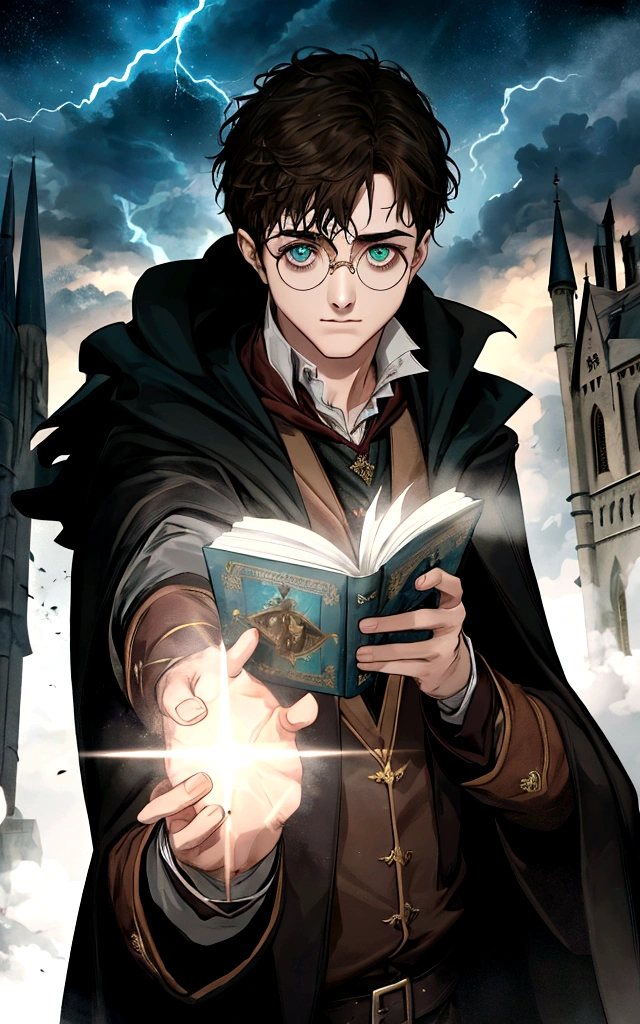 a man, single character, The magician, hogwards, harry potter, outdoor, [Daniel Radcliffe :: 0.8], magic, green eyes, A lightning-shaped scar on the forehead on the right harry potter, round glasses, detailed eyes, eyes contact, dark night, action packed, epic pose, dramatic light, beautiful light, volumetric ray light, fog, hight quality, dlsr,  