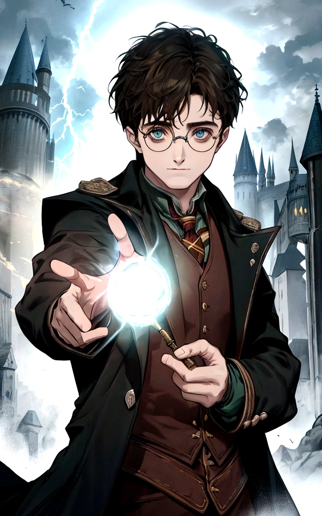 a man, single character, The magician, hogwards, harry potter, outdoor, [Daniel Radcliffe :: 0.8], magic, green eyes, A lightning-shaped scar on the forehead on the right harry potter, round glasses, detailed eyes, eyes contact, dark night, action packed, epic pose, dramatic light, beautiful light, volumetric ray light, fog, hight quality, dlsr,  