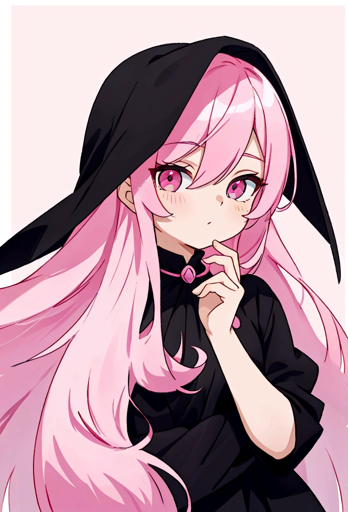 Pink hair, dark pink eyes, spot under the right eye, long hair, black clothes
