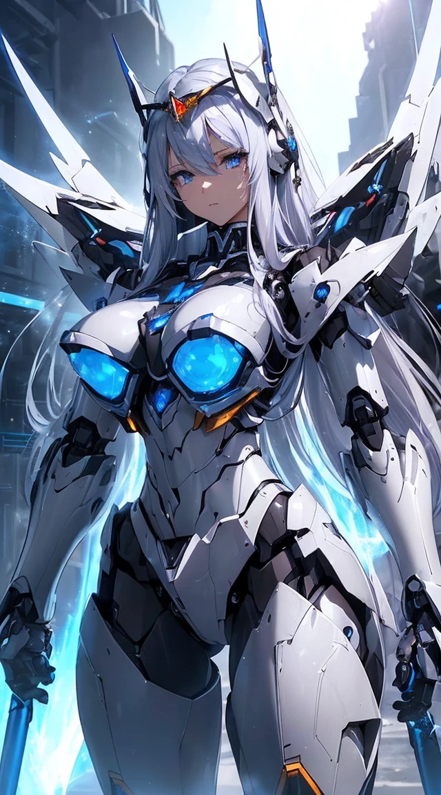((Intense action pose:1.6))、((Shining lenses on both breasts:1.3))、((Blue pillars of light are emanating from both chests.:1.3))、smile、((8K)), ((32k)), ((Highest quality)), ((masterpiece)), ((超A high resolution)), ((Tmasterpiece)), ((Halation:1.4))、((Mechaニカルheadgear:1.2))、((Cyber Headphones:1.3))、Fine skin, High quality fabric, Fine metal texture、((Beautiful and dense face))、RAW Photos、Professional, Ultra-fine painting, ((alone)), Beautiful breasts、Highest quality, Very detailed, Very detailed詳細, Finer details, so beautiful, ((Princess Knight Robot:1.2)), (Joints of machines, Mechanical Limbs:1.3), (The internal structure of the machine is exposed:1.3), (Long silver hair:1.1), (Beautiful and huge mechanical breasts)、White Veil, cowboy_shot, Side Focus, headgear, Shiny、(Five Fingers, Four fingers and thumb),Concept Art, Anime fantasy artwork, Detailed fantasy art, (with pale blue-violet hair and large white wings,,,,,,,), (((Long silver hair))), (Mecha:1.6)、Sleek and intimidating design, ((Commander-in-Chief'arm)), (Perfect robot body)、純白と青紫armまたは, Symmetrical wings, 8K high quality, detailed art, 3D rendering of character art in 8K, neat legs, Defined, Defined fingers,
