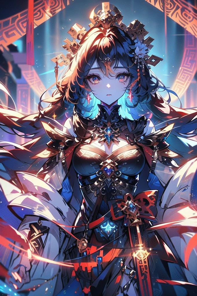 A luminous ethereal deity, the digital ghost of an ancient warrior deity known for its wisdom and power. This striking image is a digital painting, meticulously crafted with vibrant colors and intricate details. The ghost is depicted with shimmering translucent robes flowing around its form, glowing runes adorning its pixelated skin, and eyes that pierce through the screen with a divine gaze. The overall image conveys a sense of awe and reverence, capturing the essence of a mythical being existing in the digital realm.
