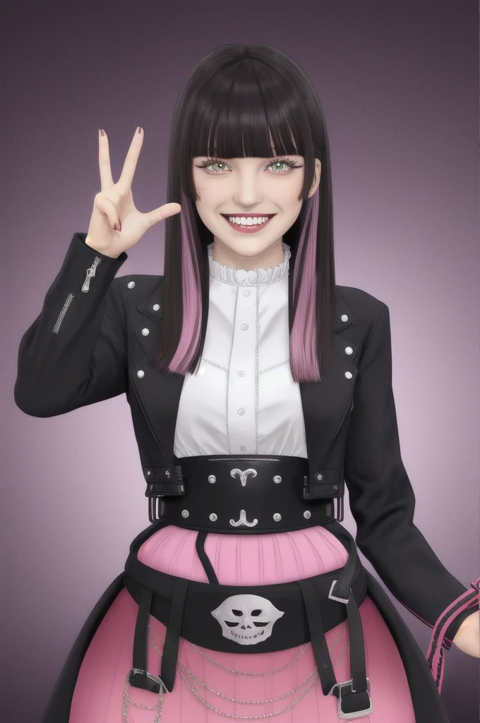 (Highly detailed CG), (Highest quality), One girl, perfect face, Shiny skin, Shiny skin, Wide Hips,Tight waist, Velobagets, Long Hair, Black Hair, bangs, skirt, Jacket, pantyhose, Multicolored Hair, shirt, blunt bangs, pink skirt, jewelry, white shirt, Heterochromia iridis, Mole, belt, boots, Manicure, Long sleeve,indoor,sadistic, evil,  face, window,Upper Body, Sexy pose,Pink sofa, Black gothic design room, Black majestic design,Cowboy Shot,too evil smile,smile worst,looking down at viewer,laugh worst,evil laugh,deep shaded face,laugh face,big monster ,dark purple backgrounds,two hands,five fingers,two legs,