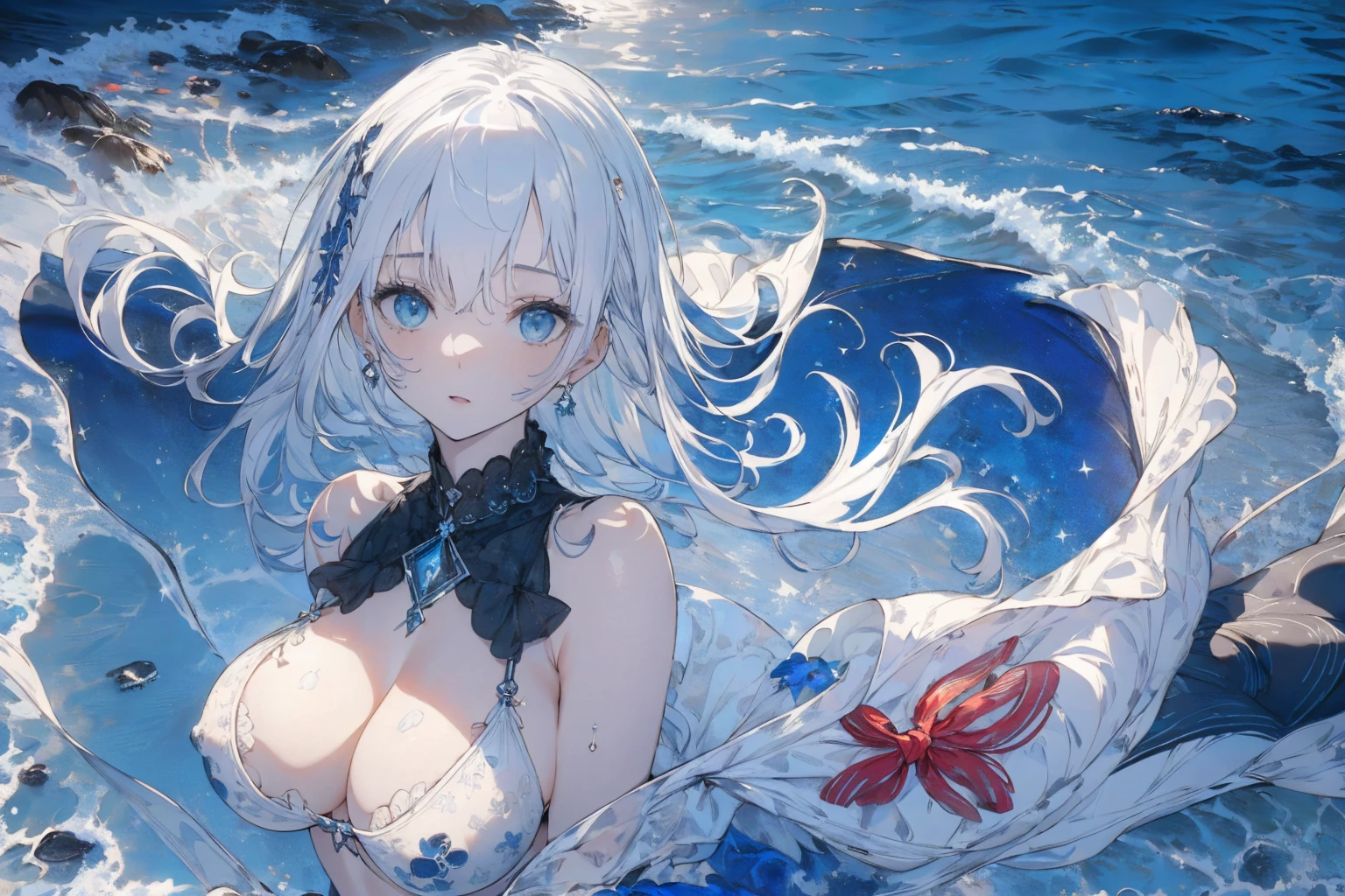 (seaside photo:1.1, in blue marine:1.5), Masterpiece, best quality, (very detailed CG unity 8k wallpaper), (best quality), High definition RAW color art, Animation,sculptures, (black Marble Skin), (((Ultra detailed elegant))), Magical atmosphere, Detailed skin, Texture,(Intricately detailed, Fine detail, ultra-detail art), depth of fields, bokeh, Silky Touch, Hyper Detail, beautiful eyes, Elegant Face, (lying on pastel white waterfront), sparkle background, enormous breast:1.3, (silver hair), pure white, muscle, embarrassing red face, wide open udder, shorthair, nsfw black bikini