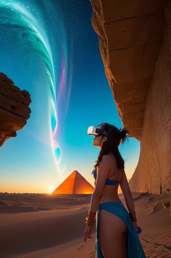 The protagonist puts on a VR headset.、A glowing vortex unfolds before my eyes。
At the tip of the vortex、Egyptian Pyramids、Tropical Beach、Mars etc.、The next place I want to go is々appears as。
The protagonist&#39;s eyes sparkle、Excited as they dive into their next adventure。