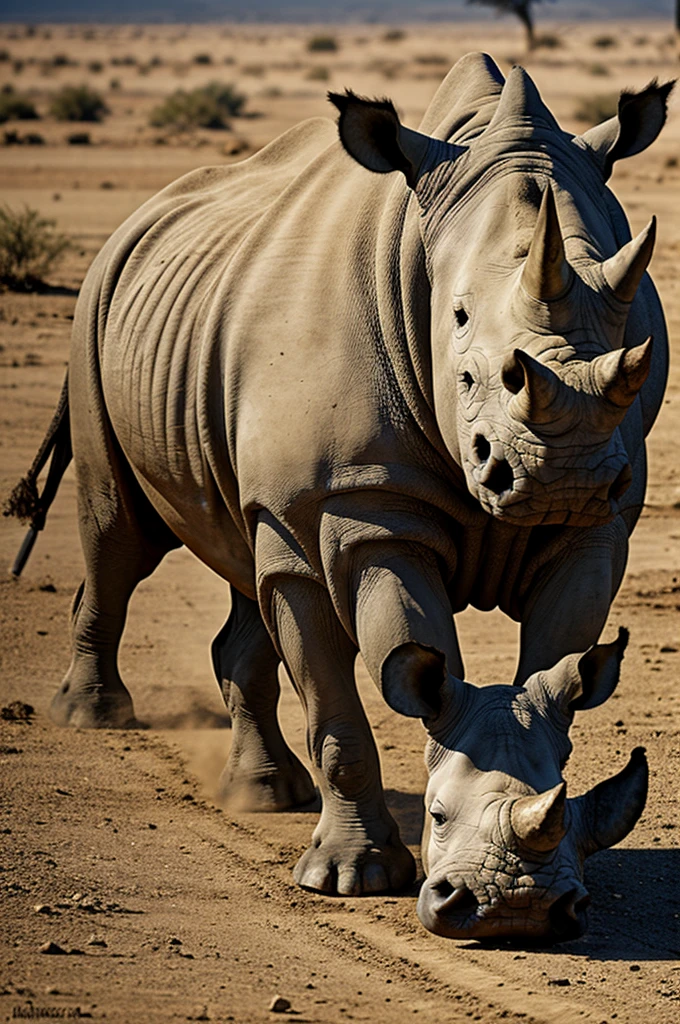 depiction of an endangered white rhino by a hunter