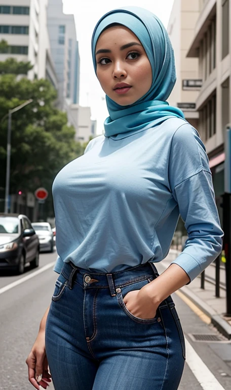 Best quality, high resolution, masterpiece: 1.3), beautiful Malay woman in hijab, big breasts, slim figure, tight t-shirt, wearing light blue jeans, street details and facial and skin textures beautifully rendered, eye details, double eyelids, chest great look,Very detailed,On the road,(bokeh)