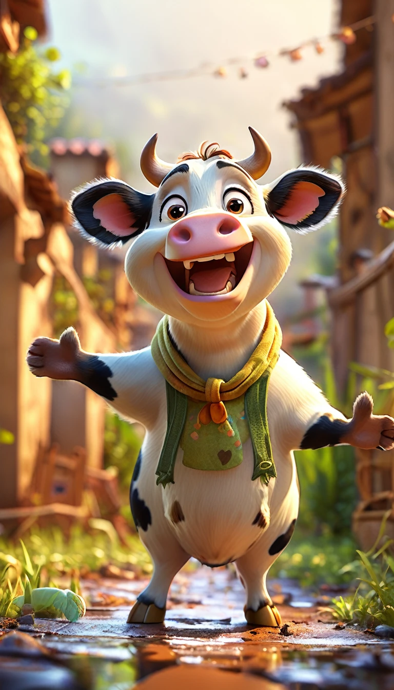 cute cow, cartoon , arms, hands ,cute eyes, cow ears,looking at viewer, arms up, dirty background, clothes, dirty