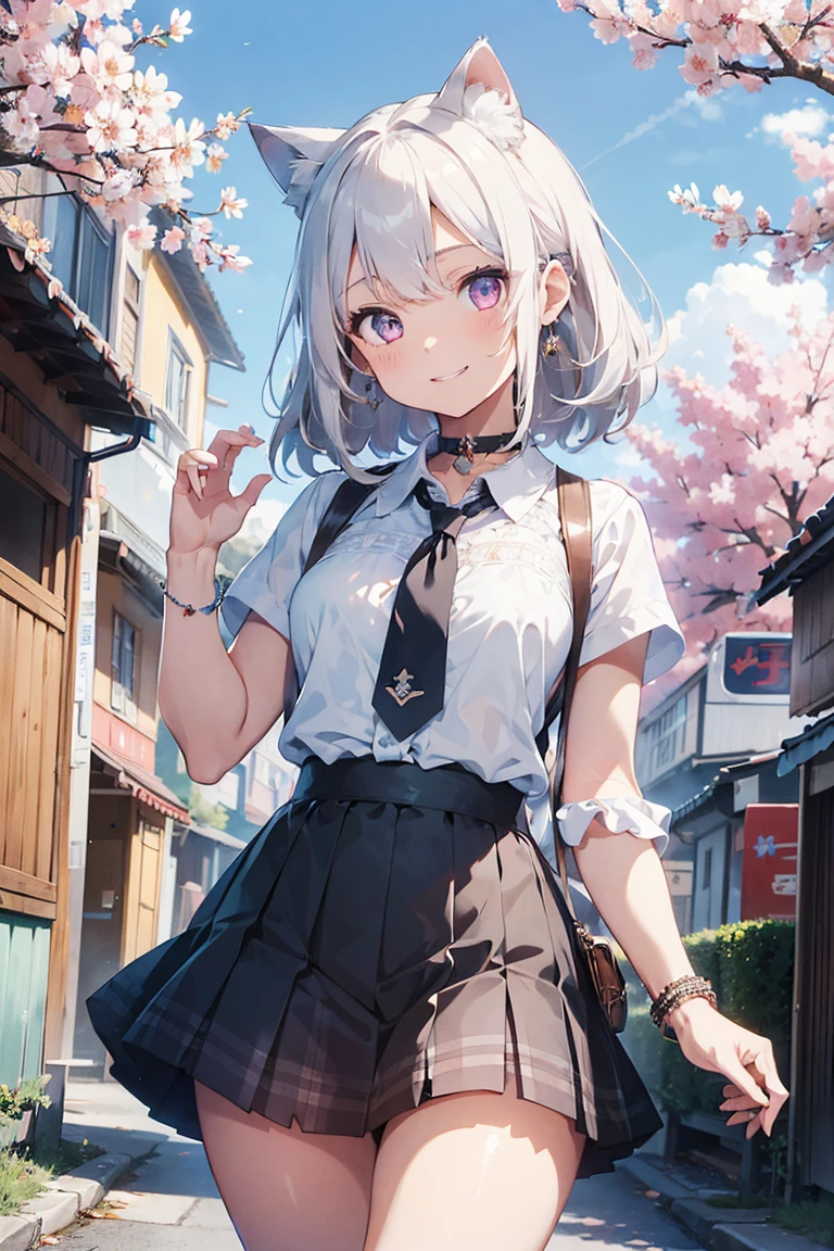 (((masterpiece))), (((Highest quality))), ((Very detailed)), ((Very detailedなイラスト)), ((Ultra-fine painting)), (16K Highest quality wallpaper:1.4), (Detailed and elaborate illustration style,:1.8) Detailed skin texture, High quality fabric, , (T-masterpiece), (Very detailedな顔:1.4), original, RAW Photos, Professional, Intricate details, Very detailed, Direct sunlight:1.6, ,(Cowboy Shot:1.9)、(Perfect Anatomy:1.4), (Extremely elaborate hands:1.2), (Very elaborate fingers:1.2), (Very elaborate fingers先:1.2),, (alone:1.6), (beautiful and adorable cat ears:1.6), (Intricate and delicate cat ears:1.4), (beautiful, Shiny white hair:1.6), (Very fine and delicate white hair:1.4),, (Very detailedな顔:1.4),(Light purple eyes:1.4),(smile:1.4),, whole body,
One girl, bangs, black choker, black tie, Blonde, blue skirt, blush, bracelet, chest, choker, clothes The surrounding area waist, clavicle, collared shirt, Cowboy Shot, dress shirt, ear Earrings, Eyebrows visible through hair, Gradient Hair, Grin, Improve, jewelry, Kogal, Long Hair, View your viewers, loose tie, tie, Earrings, Plaid, Plaid skirt, pleated skirt, Red eyes, ring, , shirt, skirt, smile, alone, white shirt,
street, null, cherry blossoms, petal,figure, (magazine:1.3), (cover-style:1.3), fashionable, woman, Vibrant, Costume, Pause, front, colorful, dynamic, background, element, have confidence, Performance, Holding, statement, accessories, Majestic, Coiled, The surrounding area, touch, scene, article, cover, bold, to attract attention, title, stylish, font, Catchy, Heading, big, impressive, Modern, trend, concentrated, fashion,