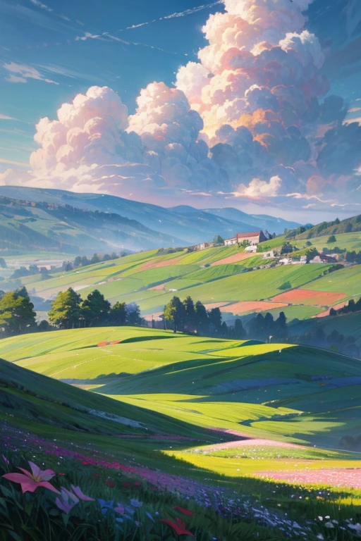 a beautiful countryside landscape with vibrant flowers, lush meadows, rolling hills, winding streams, picturesque village, stunning cloudy sky, natural lighting, cinematic composition, impressionist style, vivid colors