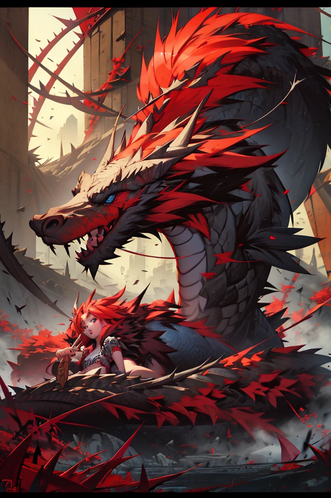 Girl girl sitting on the head of a dragon with red hair,blue eye,prata scale dragao,tail with thorns, beautiful girl