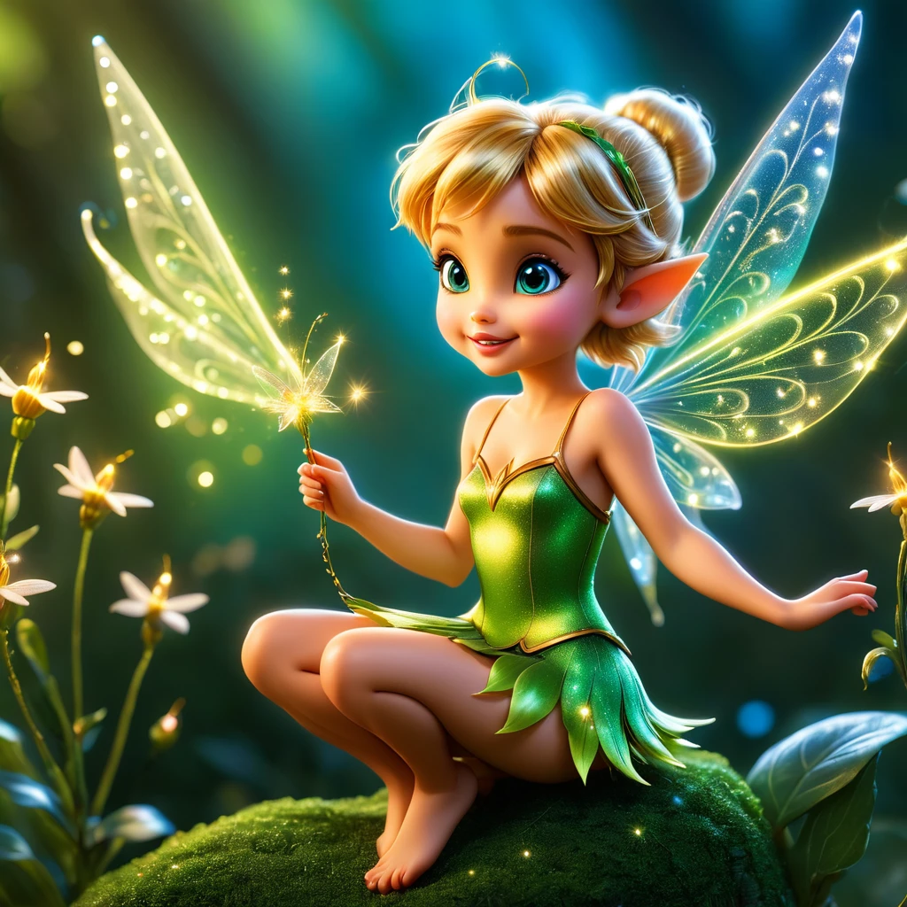 Stunning macro photograph that captures a tiny, cute and delicate Tinker Bell fairy, perched delicately on a fingertip, seemingly eager to take flight.The fairy, adorned with large, glowing wings and intricate particle details, emanates an enchanting aura, possibly an odor.The background is a natural, serene setting that seamlessly blends with the fantastical creature. Fantasy realism and miniature world creates a sense of wonder, delight,and amazenament,vibrant colors,hdr,8k