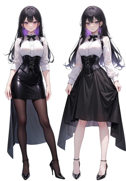 Purple super long Hair,Adult female,(suit),White Y-shirt,((Rolling up his sleeves)),(corset),(Black tight skirt),(High heels),Heels are visible,((Simple white background)),smile,((whole body)),((full body)),