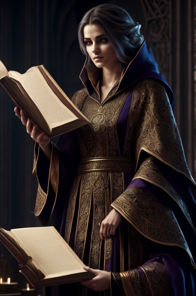 A highly detailed portrait of an Altmer mage-scholar hybrid, wearing ornate robes and holding an ancient tome, worshipping the Divinity Julianos, detailed face features, intricate clothing textures, dramatic lighting, fantasy art style, moody color palette