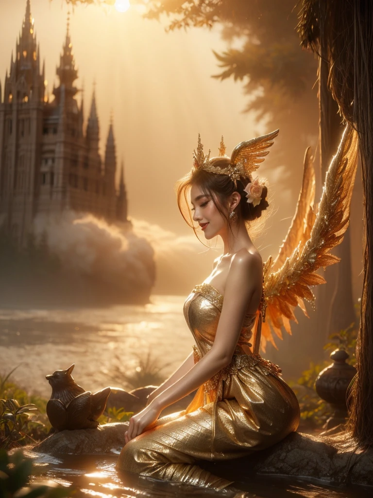 A woman in a daring angel costume, casually leaning on a cloud against a sunset. A side profile shot captures her radiant smile and her flirtatious look. The image is bathed in a golden light, adding to the magical atmosphere. (solo), (angel costume: 1.5), (cloud: 1.3), (sunset: 1.4), (side profile pose: 1.2), (flirtatious look: 1.3), (golden light: 1.4), (erotic adventure: 1.4), (fantasy world: 1.5).