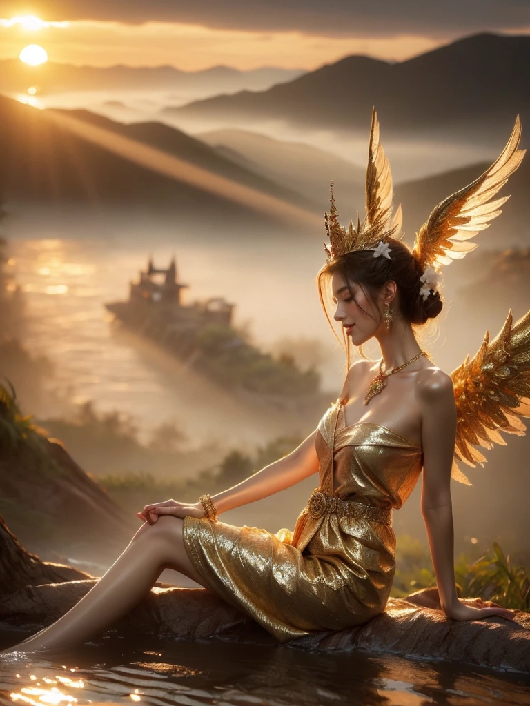 A woman in a daring angel costume, casually leaning on a cloud against a sunset. A side profile shot captures her radiant smile and her flirtatious look. The image is bathed in a golden light, adding to the magical atmosphere. (solo), (angel costume: 1.5), (cloud: 1.3), (sunset: 1.4), (side profile pose: 1.2), (flirtatious look: 1.3), (golden light: 1.4), (erotic adventure: 1.4), (fantasy world: 1.5).